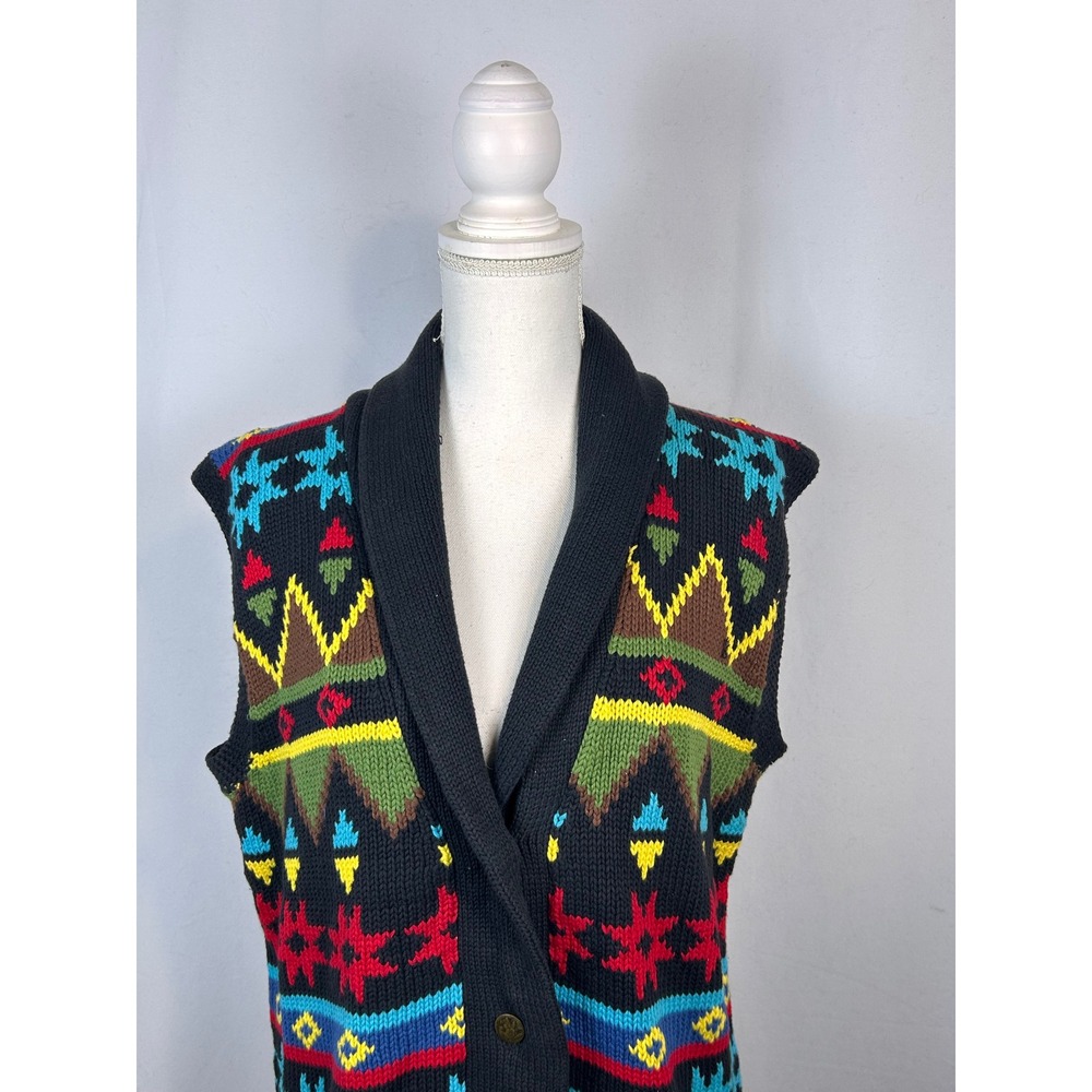 Sharon‎ Young Southwestern Knit Vest Shawl Collar Button Front Black Multi S NWT - Picture 3 of 11